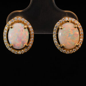 Yellow Gold Blue Green Yellow Orange Pink Solid Australian Crystal Opal and Diamond Earrings