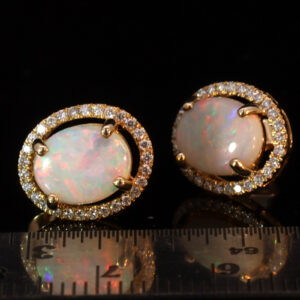 Yellow Gold Blue Green Yellow Orange Pink Solid Australian Crystal Opal and Diamond Earrings