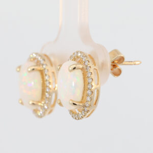 Yellow Gold Blue Green Yellow Orange Pink Solid Australian Crystal Opal and Diamond Earrings