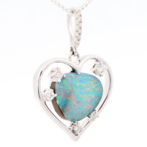 White Gold Blue Green Orange Yellow Pink Boulder Opal and Diamond Pendant