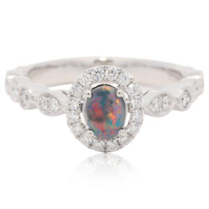 White Gold Blue Green Orange Yellow Red Solid Australian Black Opal and Diamond Engagement Ring