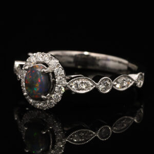 White Gold Blue Green Orange Yellow Red Solid Australian Black Opal and Diamond Engagement Ring