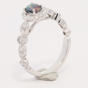 White Gold Blue Green Orange Yellow Red Solid Australian Black Opal and Diamond Engagement Ring