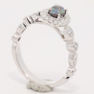 White Gold Blue Green Orange Yellow Red Solid Australian Black Opal and Diamond Engagement Ring