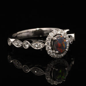 White Gold Blue Green Orange Yellow Red Solid Australian Black Opal and Diamond Engagement Ring