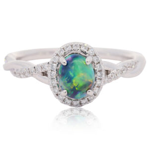 White Gold Blue Green Yellow Orange Solid Australian Black Opal and Diamond Engagement Ring