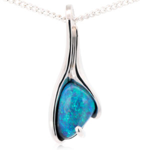 White Gold Blue Green Solid Australian Black Opal Pendant Necklace