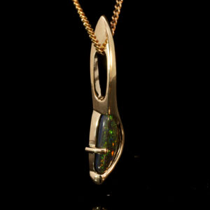 Yellow Gold Blue Green Yellow Orange Solid Australian Black Opal Pendant Necklace