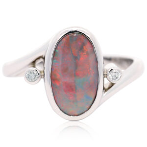 White Gold Blue Green Orange Red Solid Australian Semi Black Opal and Diamond Engagement Ring