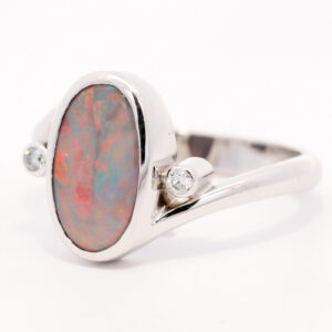 White Gold Blue Green Orange Red Semi Black Opal and Diamond Ring