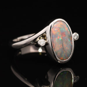 White Gold Blue Green Orange Red Semi Black Opal and Diamond Ring