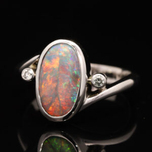 White Gold Blue Green Orange Red Semi Black Opal and Diamond Ring