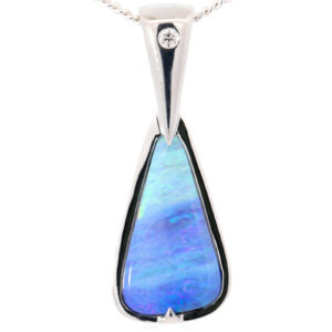 White Gold Blue Green Purple Solid Australian Boulder Opal and Diamond Pendant Necklace