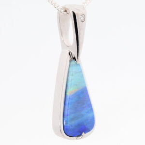 White Gold Blue Green Purple Solid Australian Boulder Opal and Diamond Pendant Necklace