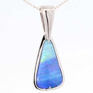 White Gold Blue Green Purple Solid Australian Boulder Opal and Diamond Pendant Necklace