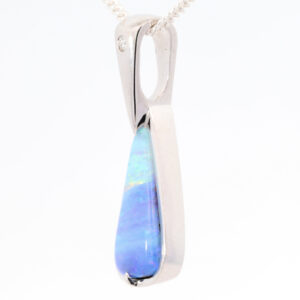 White Gold Blue Green Purple Solid Australian Boulder Opal and Diamond Pendant Necklace