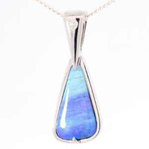 White Gold Blue Green Purple Solid Australian Boulder Opal and Diamond Pendant Necklace