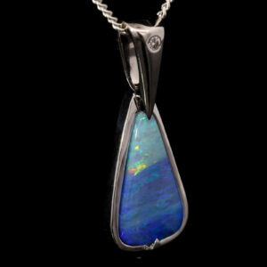 White Gold Blue Green Purple Solid Australian Boulder Opal and Diamond Pendant Necklace