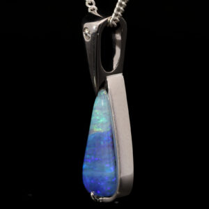 White Gold Blue Green Purple Solid Australian Boulder Opal and Diamond Pendant Necklace