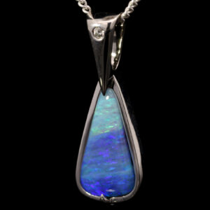 White Gold Blue Green Purple Solid Australian Boulder Opal and Diamond Pendant Necklace