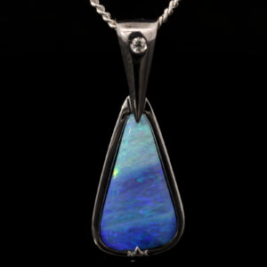 White Gold Blue Green Purple Solid Australian Boulder Opal and Diamond Pendant Necklace