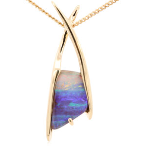 Yellow Gold Blue Green Yellow Orange Pink Solid Australian Boulder Opal Pendant Necklace