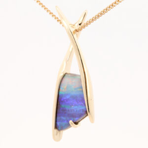 Yellow Gold Blue Green Yellow Orange Pink Solid Australian Boulder Opal Pendant Necklace