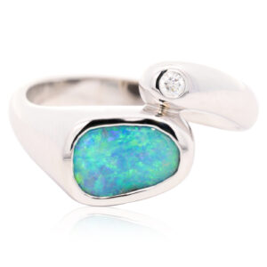 White Gold Blue Green Solid Australian Boulder Opal and Diamond Engagement Ring