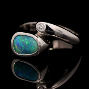 White Gold Blue Green Boulder Opal and Diamond Ring