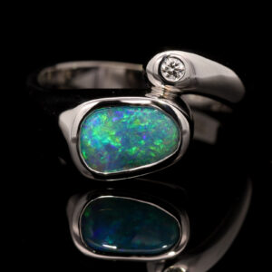 White Gold Blue Green Boulder Opal and Diamond Ring