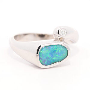 White Gold Blue Green Boulder Opal and Diamond Ring