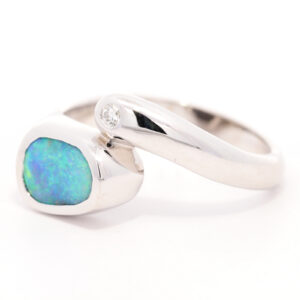 White Gold Blue Green Boulder Opal and Diamond Ring