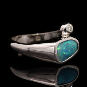 White Gold Blue Green Boulder Opal and Diamond Ring