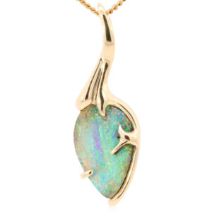 Yellow Gold Blue Green Solid Australian Boulder Opal Pendant Necklace