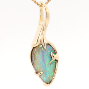 Yellow Gold Blue Green Solid Australian Boulder Opal Pendant Necklace