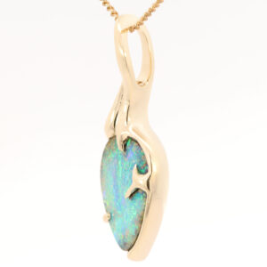 Yellow Gold Blue Green Solid Australian Boulder Opal Pendant Necklace