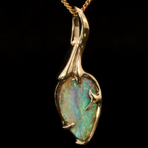 Yellow Gold Blue Green Solid Australian Boulder Opal Pendant Necklace