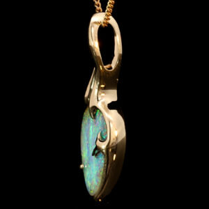 Yellow Gold Blue Green Solid Australian Boulder Opal Pendant Necklace