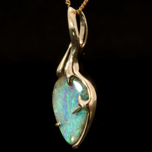 Yellow Gold Blue Green Solid Australian Boulder Opal Pendant Necklace