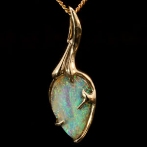 Yellow Gold Blue Green Solid Australian Boulder Opal Pendant Necklace