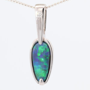 White Gold Blue Green Solid Australian Black Opal and Diamond Pendant Necklace