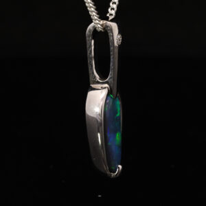 White Gold Blue Green Solid Australian Black Opal and Diamond Pendant Necklace