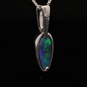 White Gold Blue Green Solid Australian Black Opal and Diamond Pendant Necklace