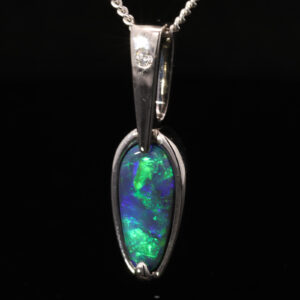 White Gold Blue Green Solid Australian Black Opal and Diamond Pendant Necklace