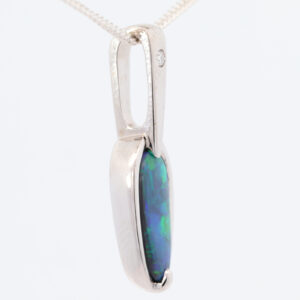 White Gold Blue Green Solid Australian Black Opal and Diamond Pendant Necklace