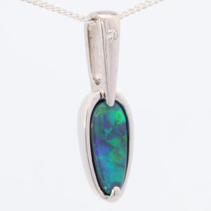 White Gold Blue Green Solid Australian Black Opal and Diamond Pendant Necklace