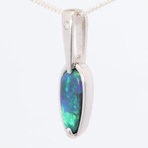 White Gold Blue Green Solid Australian Black Opal and Diamond Pendant Necklace