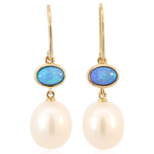 Yellow Gold Blue Green Doublet Opal and South Sea Pearl Earrings