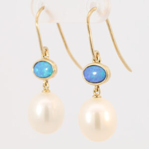 Yellow Gold Blue Green Doublet Opal and South Sea Pearl Earrings