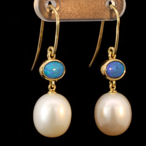 Yellow Gold Blue Green Doublet Opal and South Sea Pearl Earrings